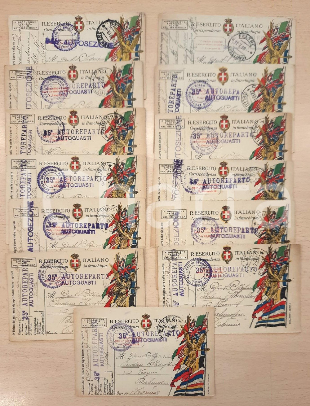 Cartolina originale da collezione 191820 REGIO ESERCITO Lotto 13 cartoline franchigia 35°AUTOREPARTO AUTOGUASTI 1