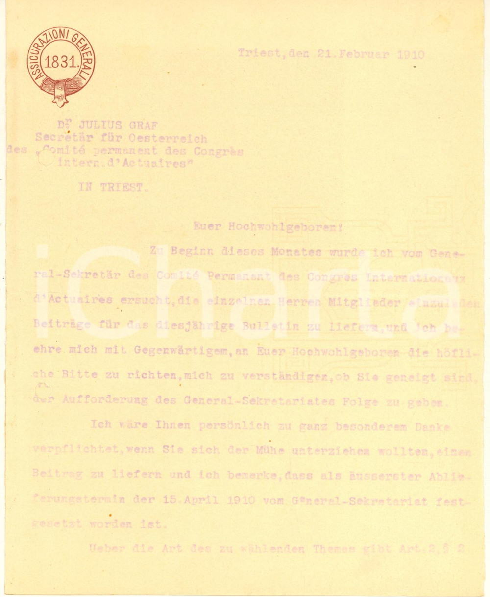 Autografo originale 1910 TRIESTE ASSICURAZIONI GENERALI Lettera Julius GRAF per congresso Autografo 1