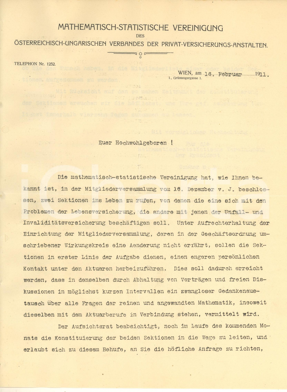 Manoscritto, lettera originale 1911 WIEN MathematischStatistische Vereinigung  Lettera sezioni assicurative 1