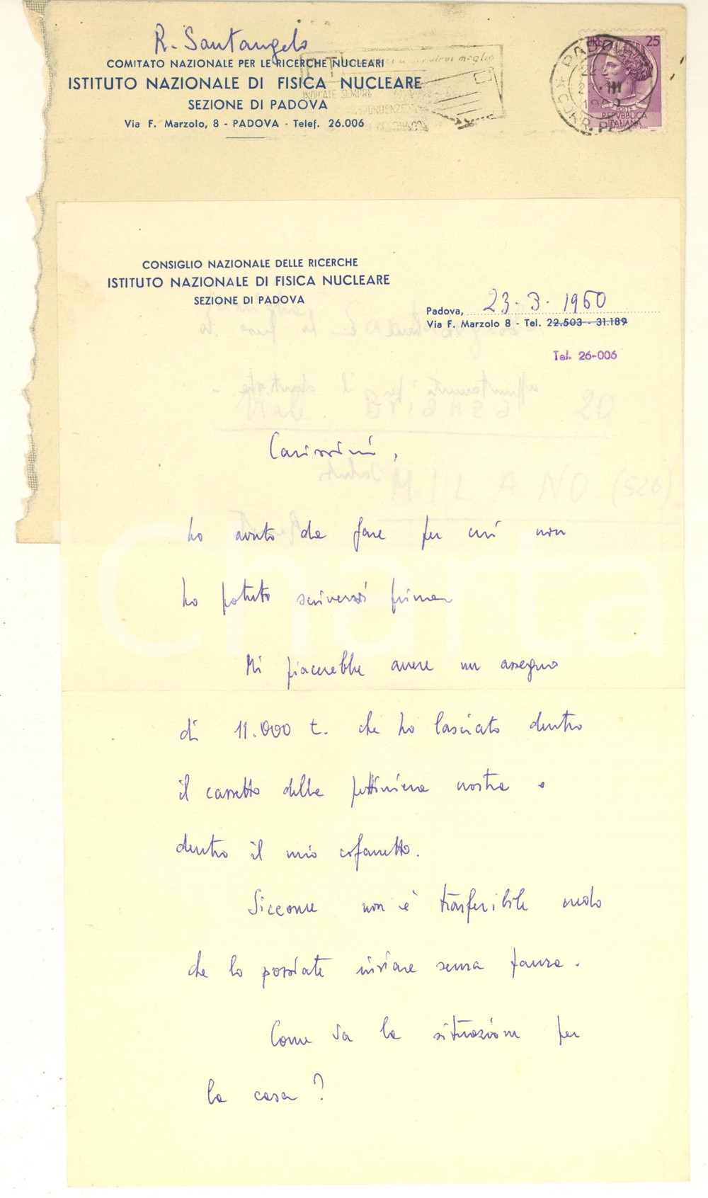 Autografo originale 1960 PADOVA Istituto Nazionale Fisica Nucleare  Renato SANTANGELO Autografo 1