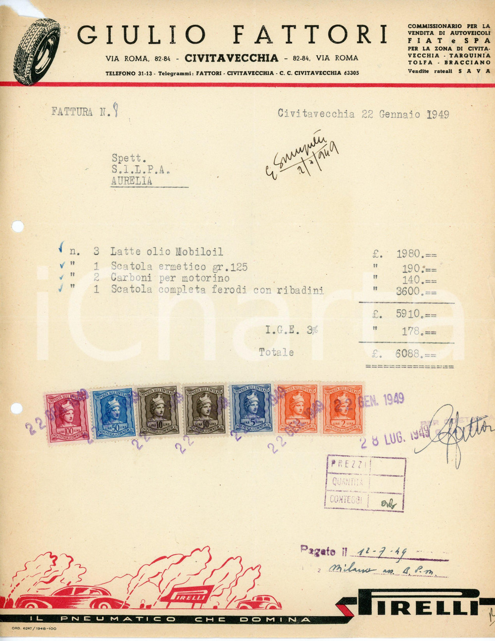 Documento originale, autentico 1949 CIVITAVECCHIA Via Roma 8284 Ditta Giulio FATTORI Fattura per olio MOBILOIL 1