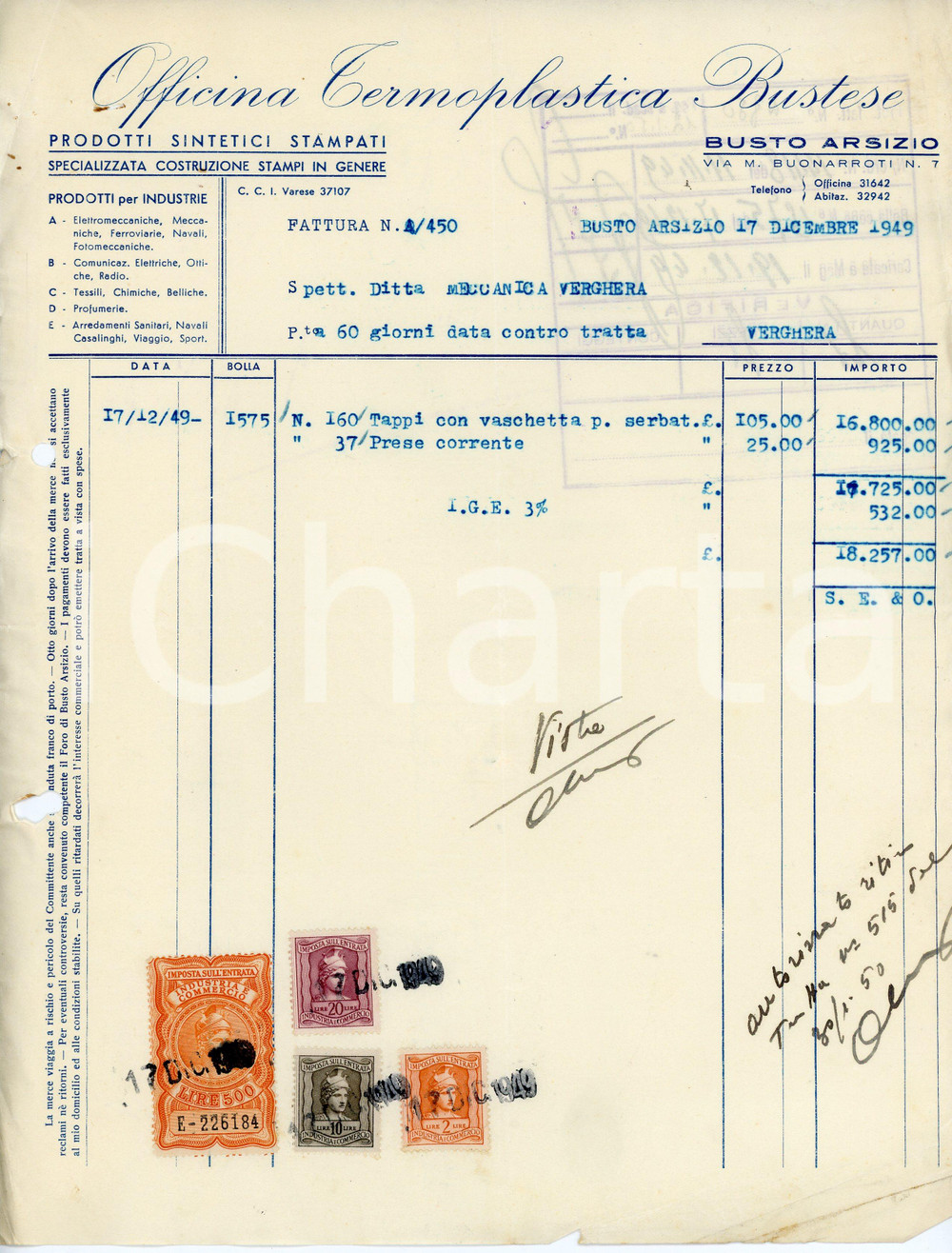 Documento originale, autentico 1949 BUSTO ARSIZIO Via Buonarroti 7 Officina Termoplastica Bustese  Fattura 1 1