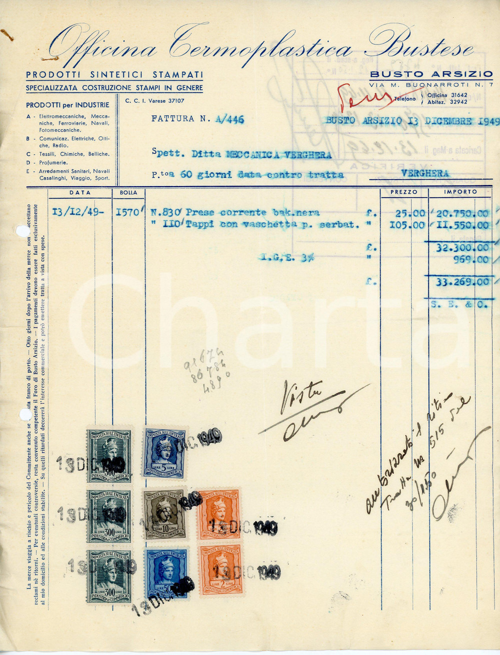 Documento originale, autentico 1949 BUSTO ARSIZIO Via Buonarroti 7 Officina Termoplastica Bustese  Fattura 1