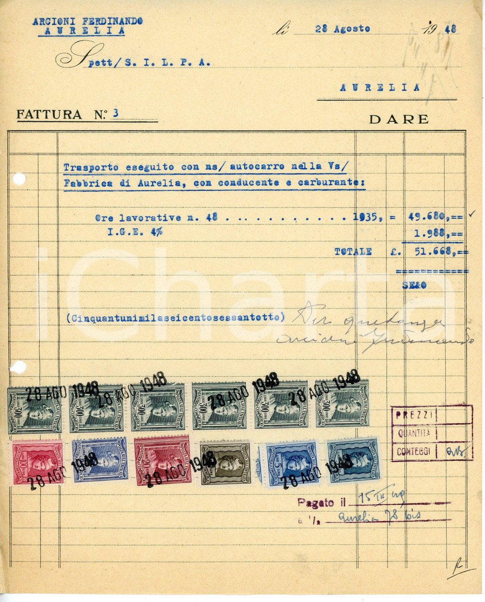 Documento originale, autentico 1948 CIVITAVECCHIA Frazione AURELIA Ferdinando ARCIONI Autotrasporti  Fattura 1