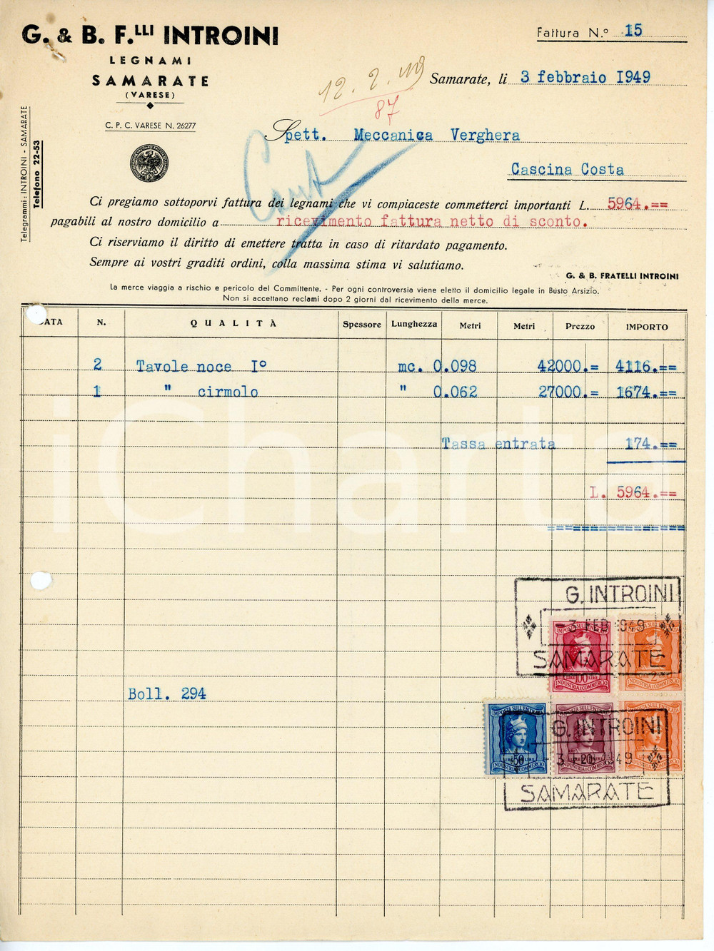 Documento originale, autentico 1949 SAMARATE Legnami FRATELLI INTROINI Fattura per tavole in noce e cirmolo 1