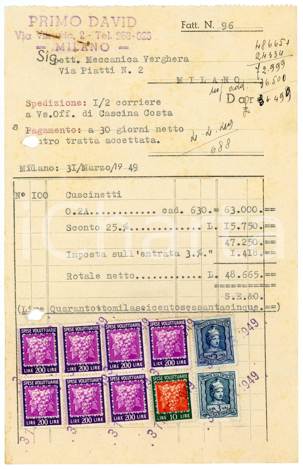 Documento originale, autentico 1949 MILANO Via Vitruvio 2 Ditta Primo DAVID Fattura per cuscinetti a sfera 1