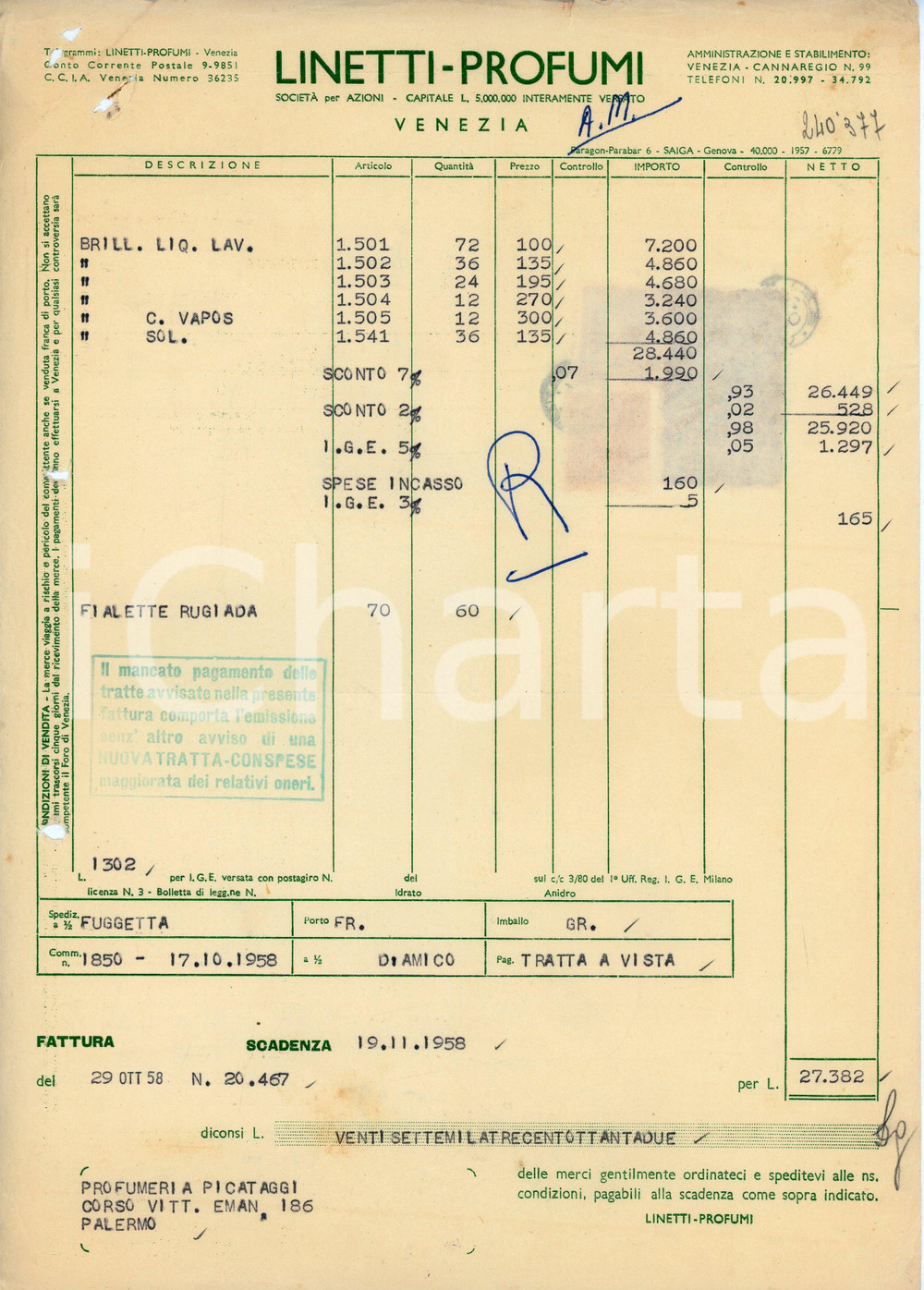 Documento originale, autentico 1958 VENEZIA Cannaregio 99  LINETTI PROFUMI Fattura 1