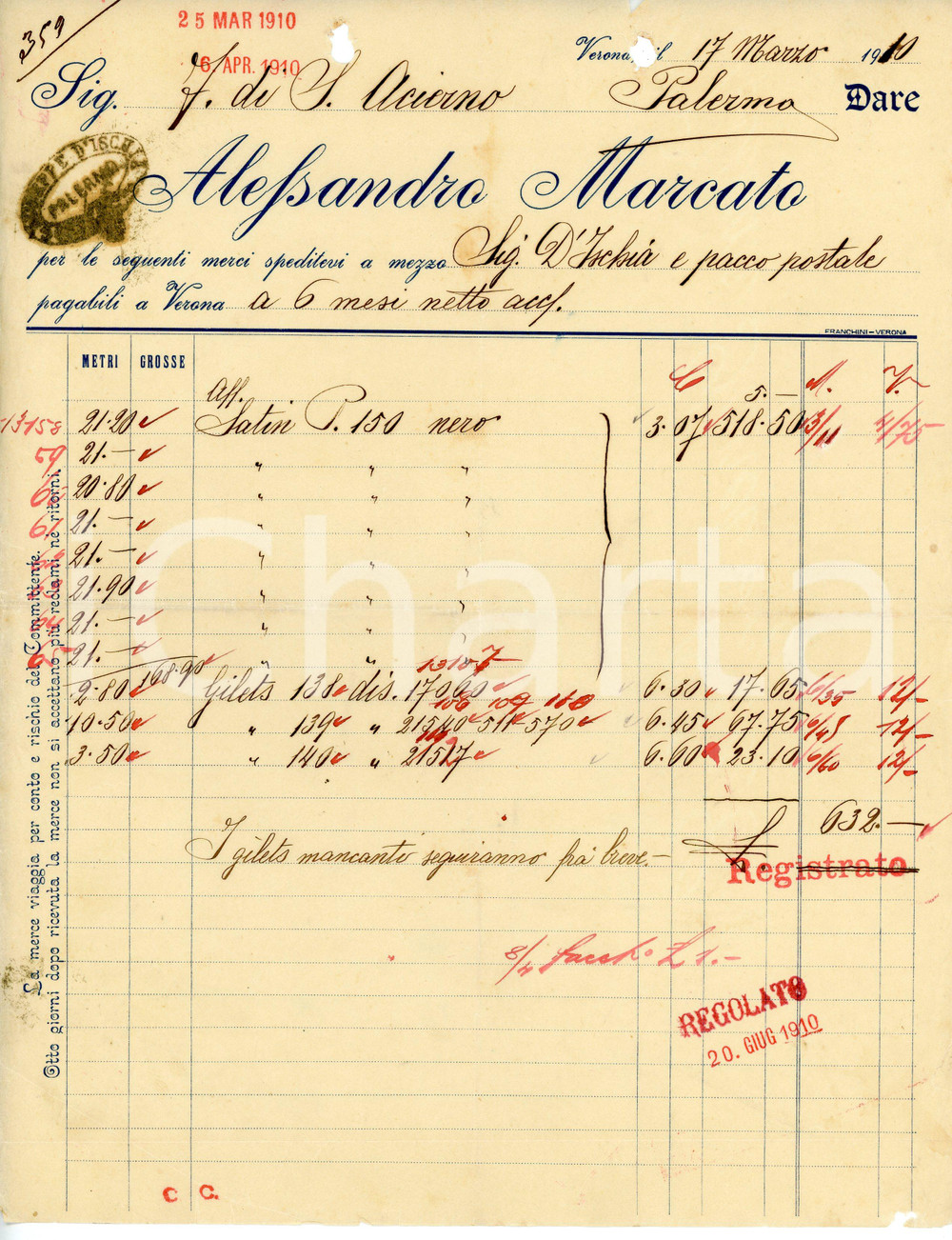 Documento originale, autentico 1910 VERONA Alessandro MARCATO Fattura per satin nero e gilet 1