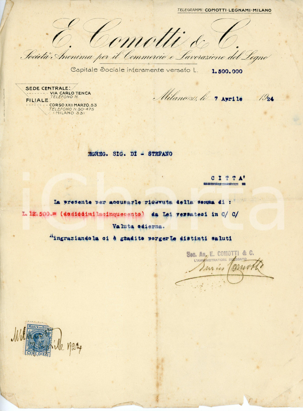 Documento originale, autentico 1924 MILANO Via Carlo Tenca  E. COMOTTI Lavorazione legno  Lettera commerciale 1