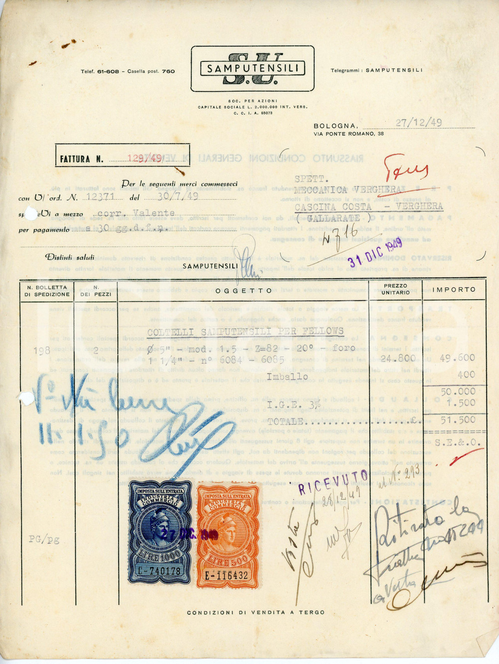 Documento originale, autentico 1949 BOLOGNA Via Ponte Romano 38  SAMPUTENSILI Fattura coltelli per fellows 1