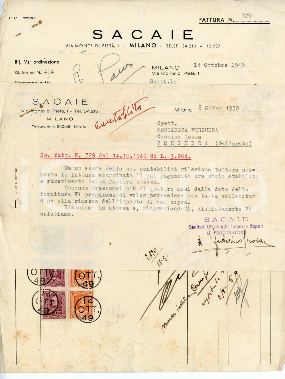 Documento originale, autentico 1949 MILANO Via Monte di Pietà 1 SACAIE Sanitari casalinghi Fattura con lettera 1
