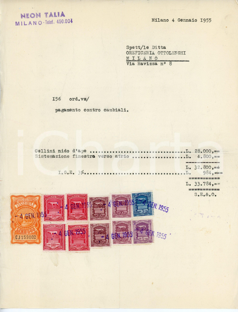 Documento originale, autentico 1955 MILANO Neon Italia  Fattura per cellini nido d ape 1