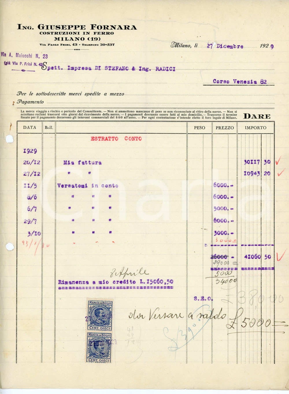 Documento originale, autentico 1929 MILANO Via Frisi 43 Ing. Giuseppe FORNARA Costruzioni in ferro Fattura 1