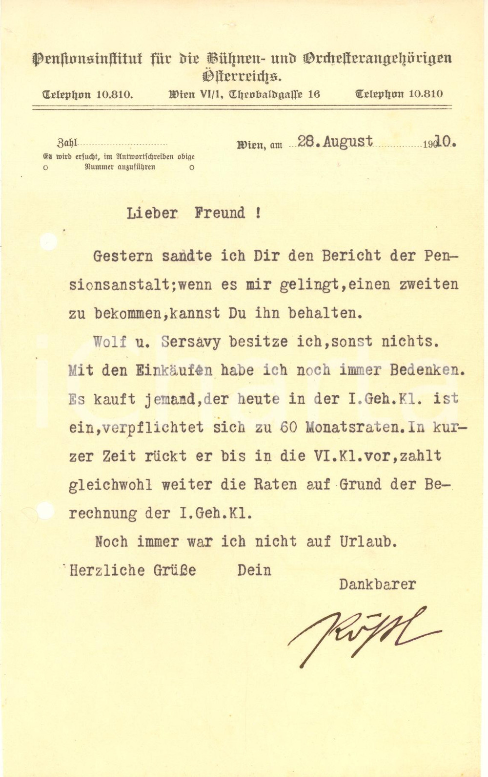 Documento originale, autentico 1910 WIEN Pensionsinstitut Bühnen und Orchesterangehörigen Österreichs Lettera 1