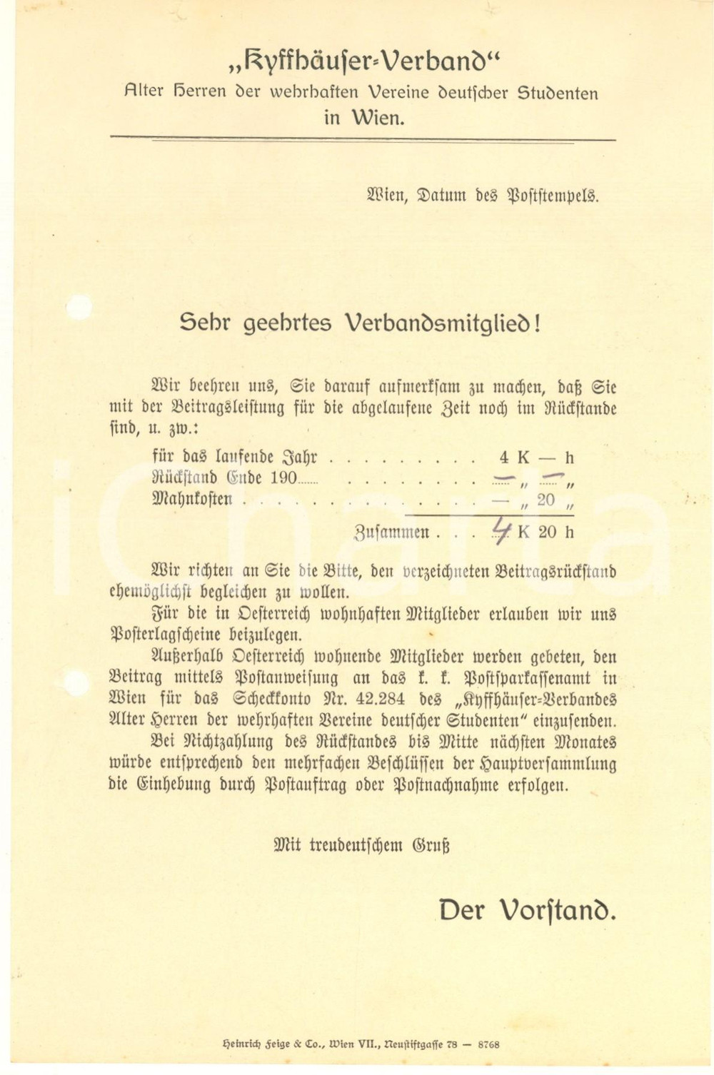 Documento originale, autentico 1910 ca GERMANY KyffhäuserVerband  Versamento quota associativa Lettera 1