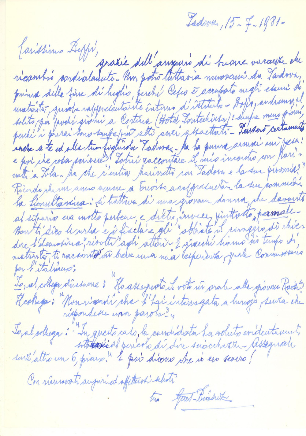 Autografo originale 1981 PADOVA Giuseppe BIASUZ ricorda MARINETTI fischiato a Treviso Autografo 1
