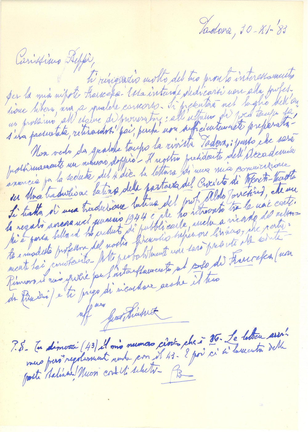 Autografo originale 1983 PADOVA Giuseppe BIASUZ  Una comunicazione all Accademia Autografo 1