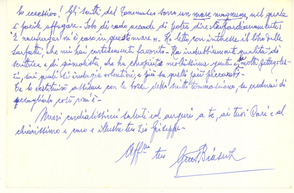 Autografo originale 1974 PADOVA Giuseppe BIASUZ sul centenario della morte di Tommaseo Autografo 1