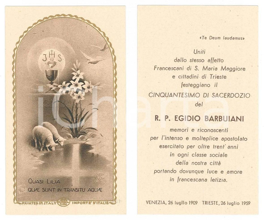Oggetto da collezione cartaceo 1959 TRIESTE Santino frate francescano Egidio BARBUIANI  50 anni di sacerdozio 1