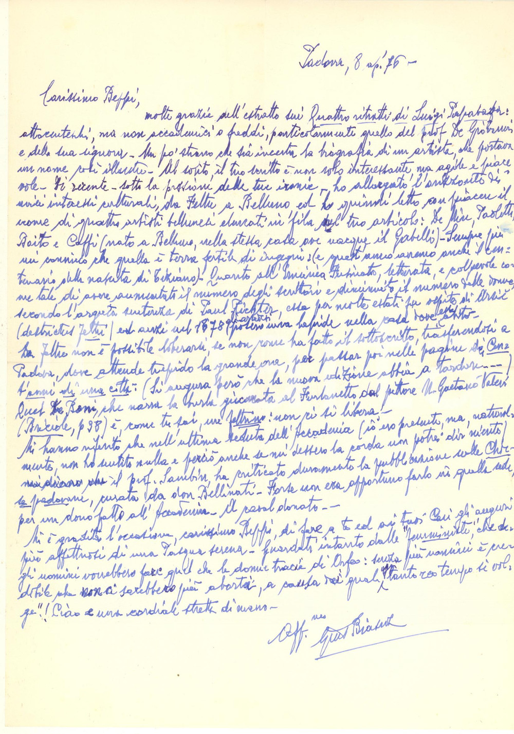 Autografo originale 1976 PADOVA Giuseppe BIASUZ Da Feltre non è possibile liberarsi Autografo 1