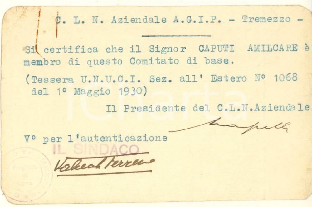 Documento originale, autentico 1945 ca TREMEZZO CO CLN Aziendale AGIP  Certificato 1
