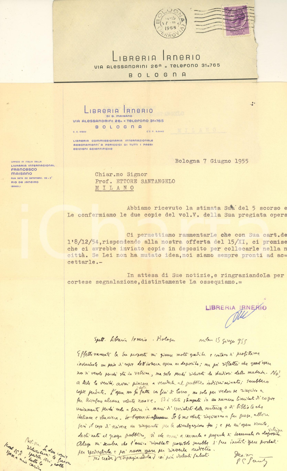 Documento originale, autentico 1955 BOLOGNA Libreria IRNERIO  Lettera per invio delle copie di un opera 1