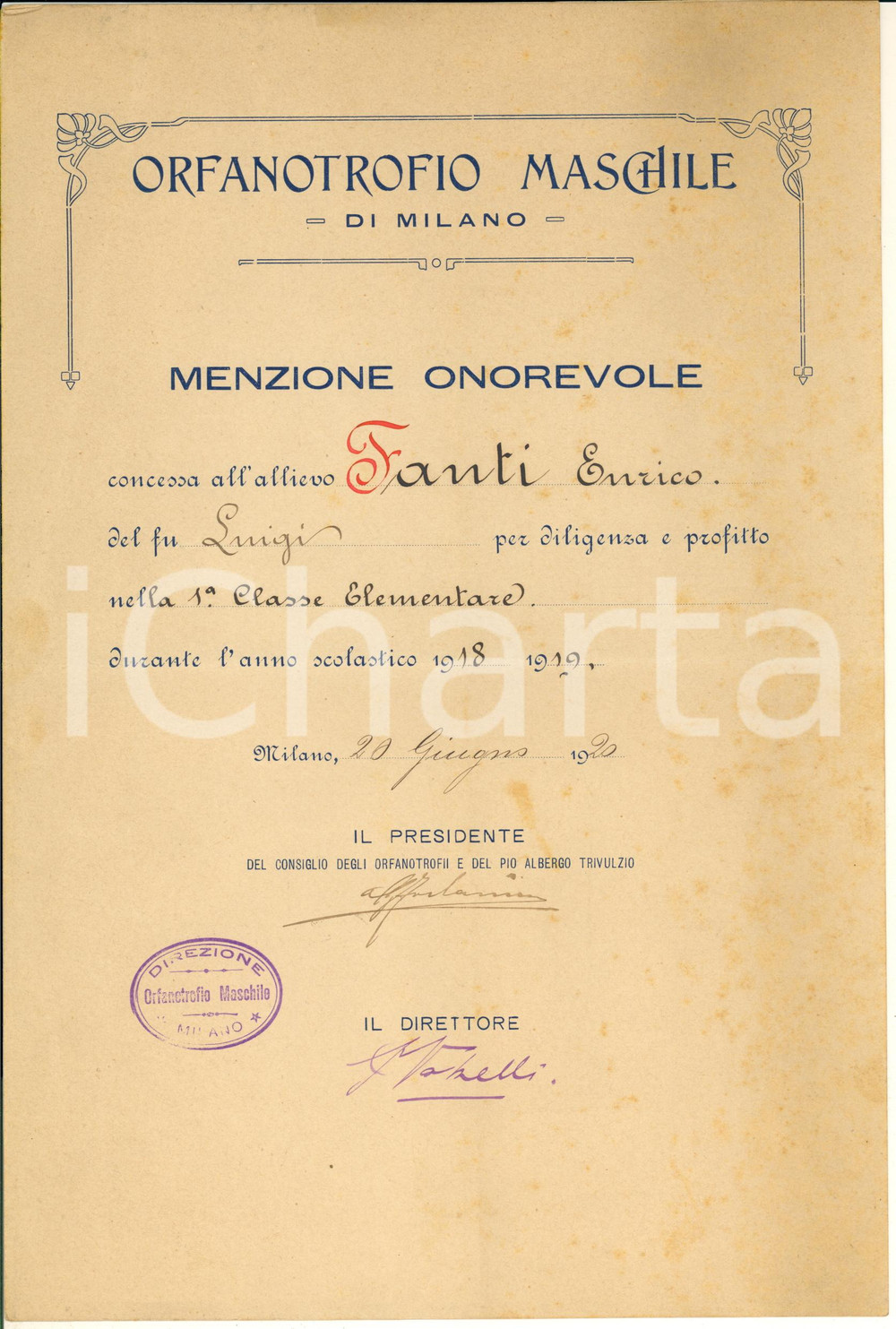 Documento originale, autentico 1920 MILANO Orfanotrofio Maschile  Attestato menzione alunno Enrico FANTI 1
