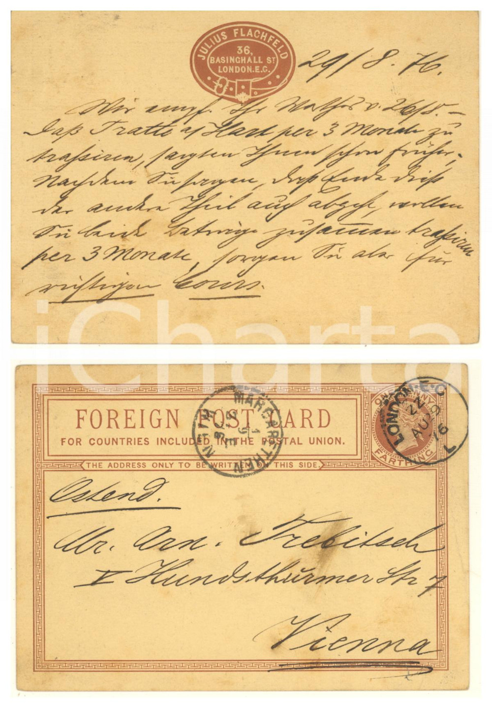 Cartolina originale da collezione 1876 LONDON Basinghall St.  Julius FLACHFELD  Foreign postcard 1