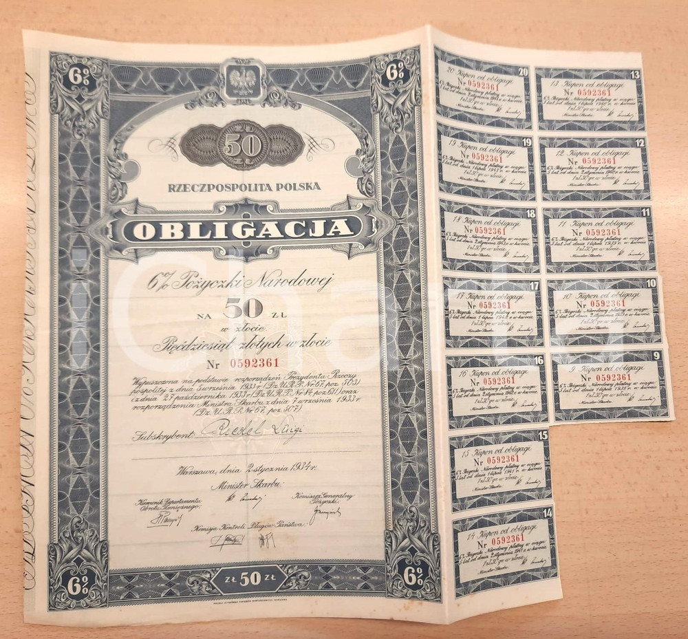 Oggetto da collezione cartaceo 1934 POLAND Obligacja  6% bond for 50 zlotys  Obbligazione con cedole 2 1