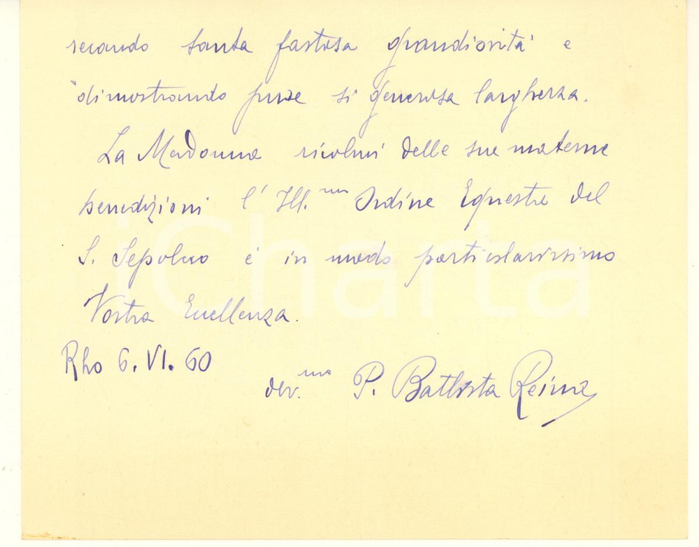 Autografo originale 1960 RHO PP. Oblati Missionari Biglietto padre Giovanni Battista REINA Autografo 1