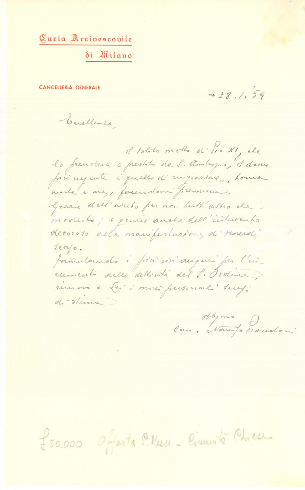 Autografo originale 1959 MILANO Curia Arcivescovile  Lettera mons. Narciso PRANDONI Autografo 1
