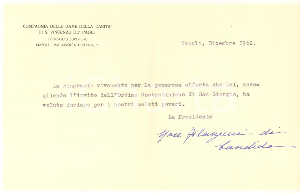 Autografo originale 1962 NAPOLI Eleonora FILANGIERI DI CANDIDA  Dame Carità S. Vincenzo Autografo 1