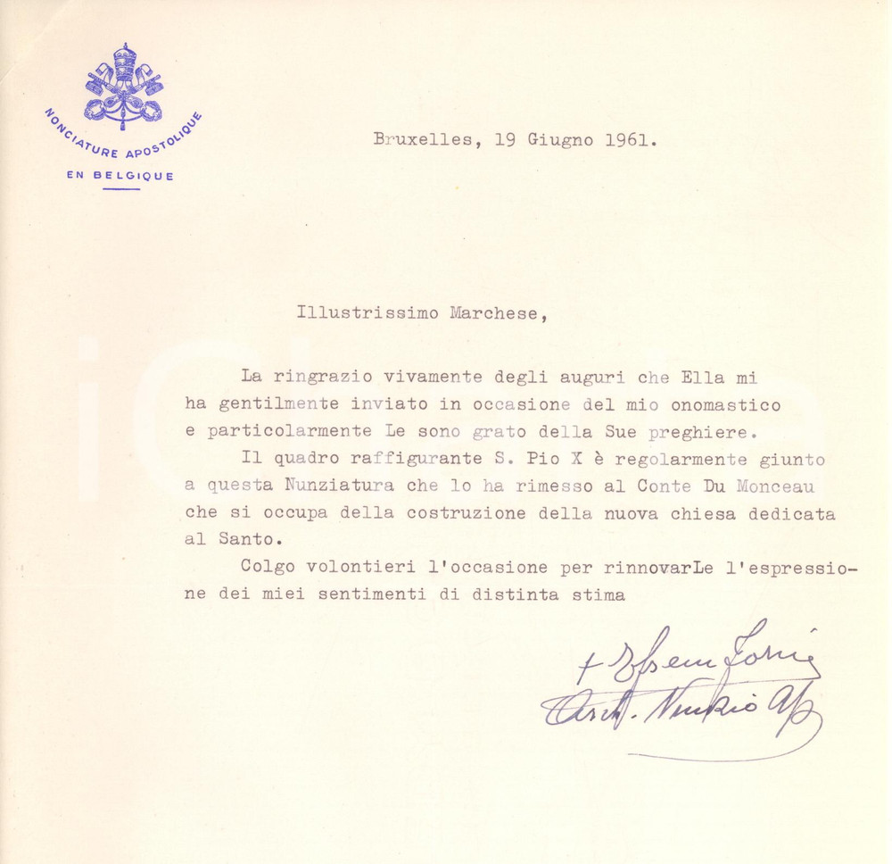 Autografo originale 1961 BRUXELLES Nunziatura Apostolica  Lettera card. Efrem FORNI Autografo 1