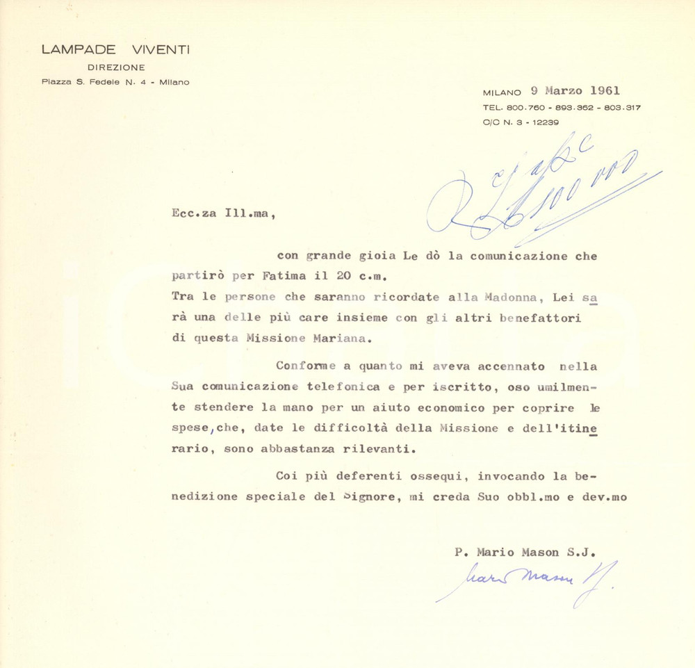 Autografo originale 1961 MILANO Lampade viventi  Lettera padre Mario MASON gesuita Autografo 1