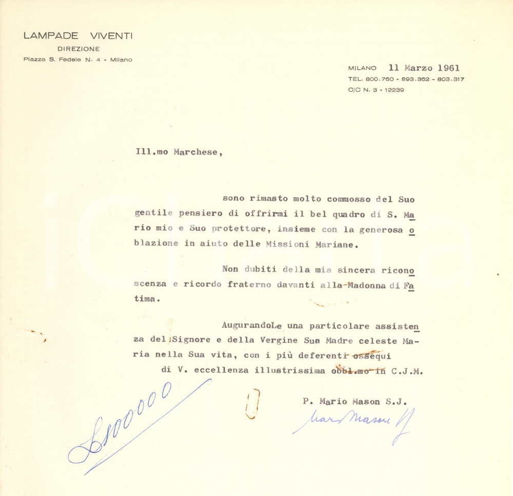 Autografo originale 1961 MILANO Lampade viventi  Lettera padre Mario MASON gesuita Autografo 1
