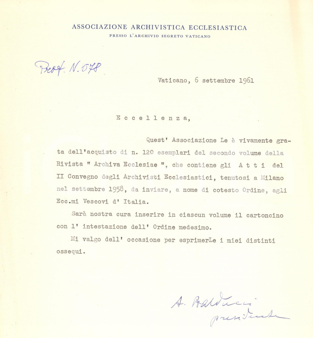 Autografo originale 1961 VATICANO Mons. Antonio BALDUCCI  Ass. Archivistica Ecclesiastica AUTOGRAFO 1