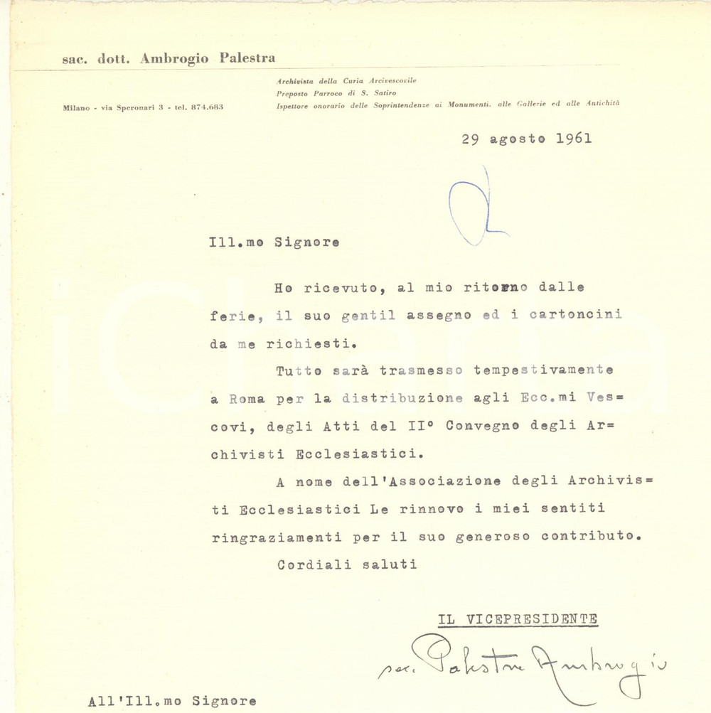 Autografo originale 1961 MILANO Lettera sac. Ambrogio PALESTRA per ringraziamento Autografo 1