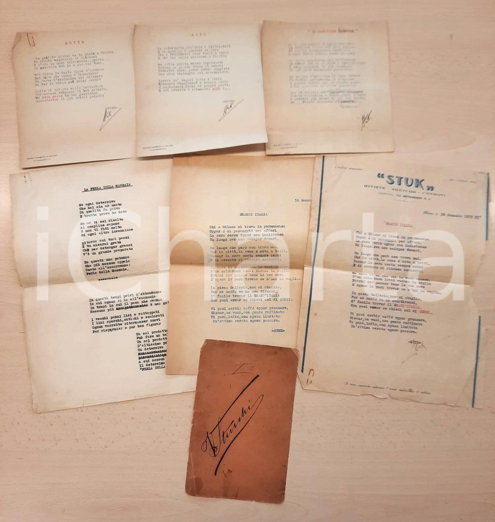 Manoscritto, lettera originale 1933 MILANO via Settembrini 6  Autore STUK  Canzoni INEDITE AUTOGRAFI 6 pp. 1