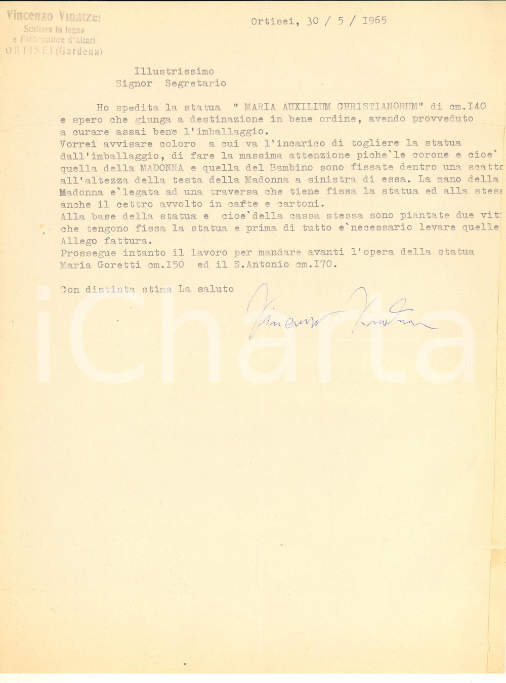 Autografo originale 1965 ORTISEI Scultore Vincenzo VINATZER spedisce statua della Madonna Autografo 1