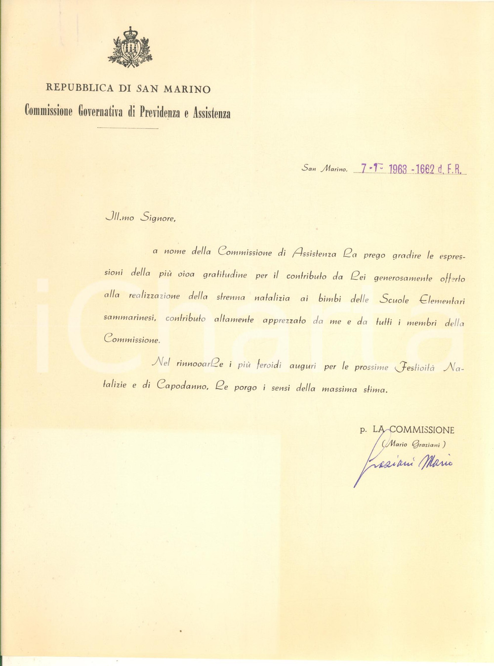 Autografo originale 1963 SAN MARINO Commissione di Assistenza  Mario Graziani Autografo 1