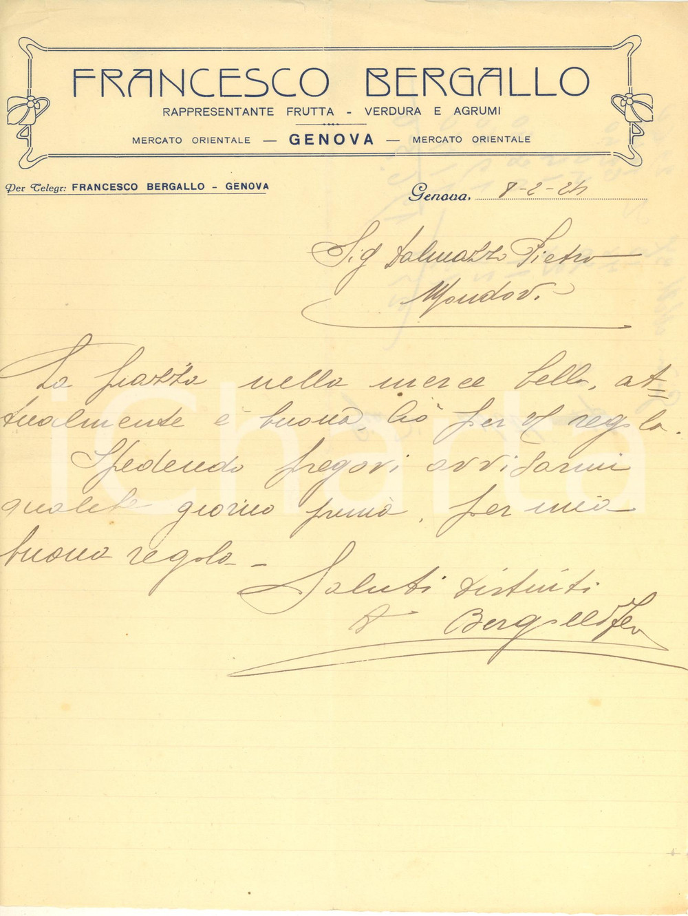 Documento originale, autentico 1924 GENOVA Mercato Orientale  Francesco BERGALLO rappresentante Lettera 1