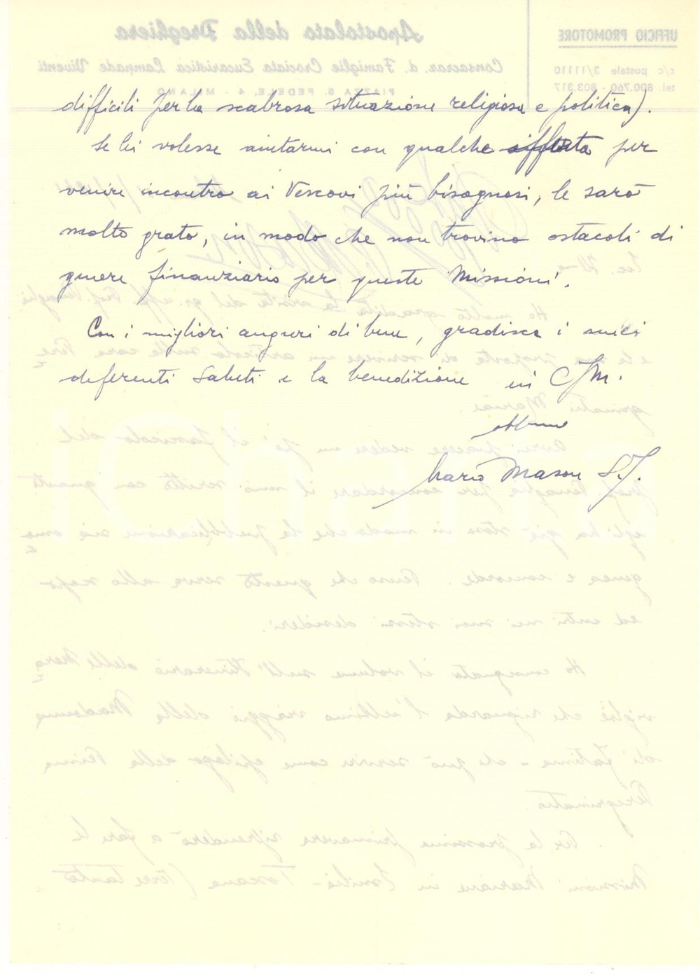 Autografo originale 1961 MILANO Lampade viventi  Lettera padre Mario MASON gesuita  Autografo 1