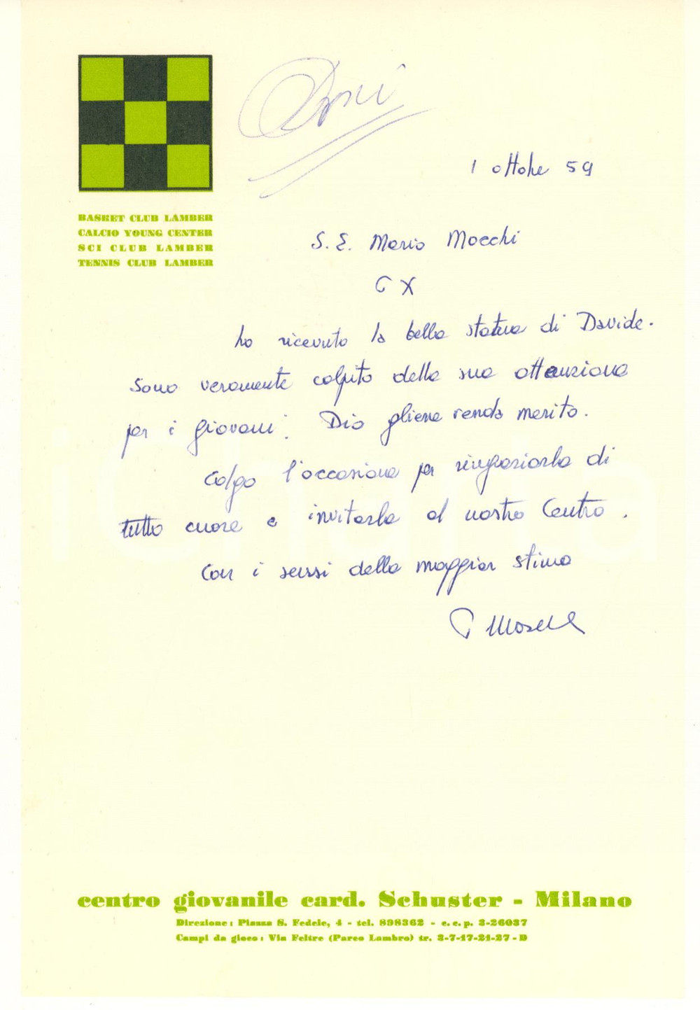 Autografo originale 1959 MILANO Lettera padre Lodovico MORELL  Centro card. Schuster Autografo 1