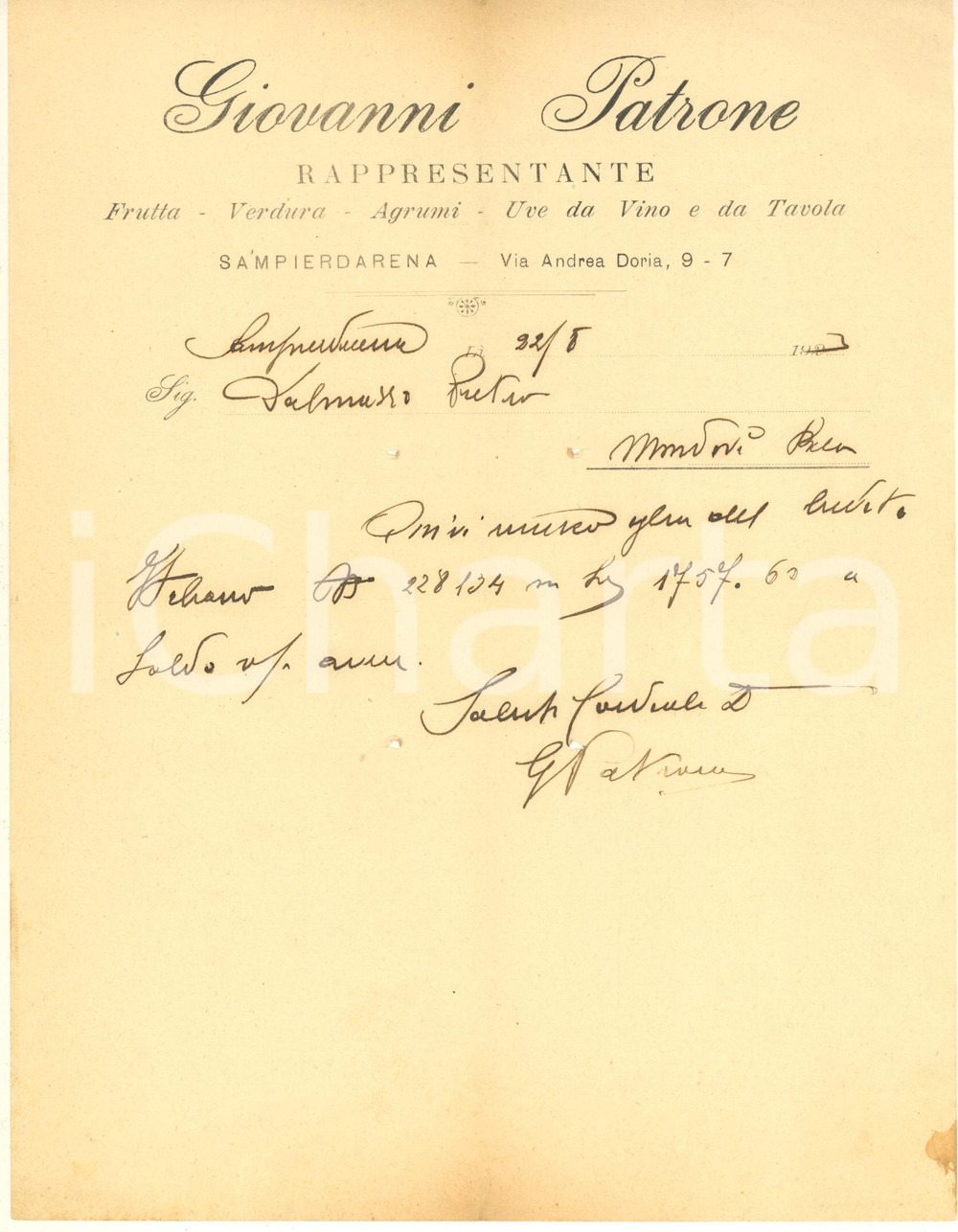 Documento originale, autentico 1923 GENOVA SAMPIEDARENA Via Doria  Giovanni PATRONE rappresentante Lettera 1