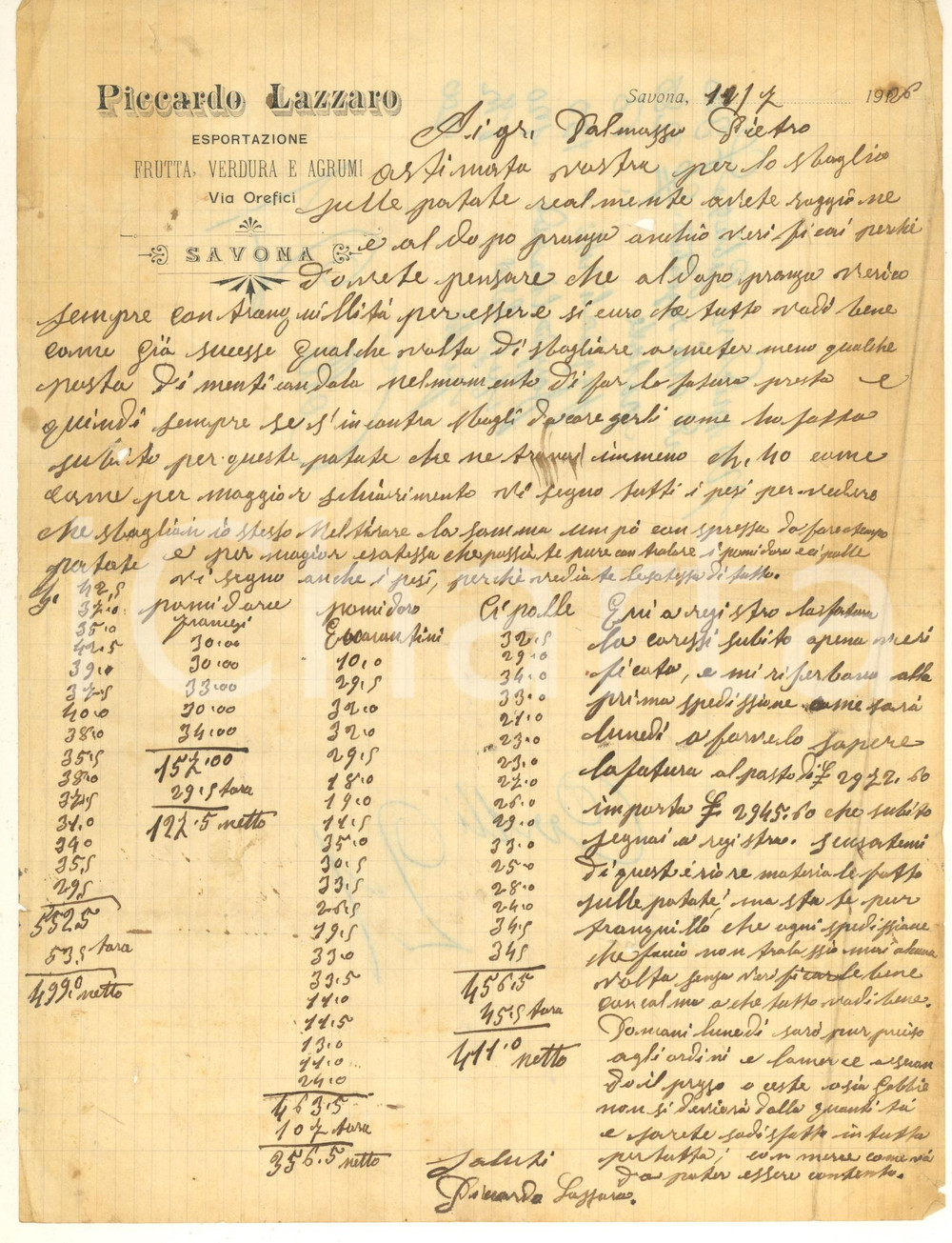 Documento originale, autentico 1926 SAVONA via Orefici PICCARDO LAZZARO esportazione frutta e verdura Lettera 1