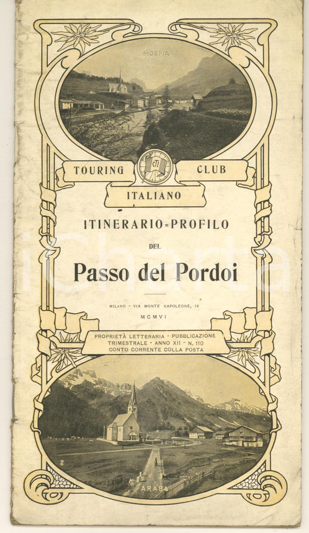 Materiale pubblicitario d’epoca 1906 TOURING CLUB Itinerarioprofilo del Passo del Pordoi Pubblicazione 24 pp. 1