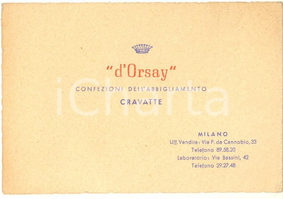 Oggetto da collezione cartaceo 1950 ca MILANO Via P. da Cannobio 33 D ORSAY Abbigliamento e cravatte Biglietto 1
