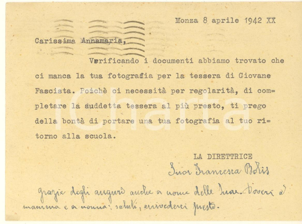 Autografo originale 1942 MONZA Suor Francesca BOLIS  Direttrice Collegio BIANCONI Autografo 1