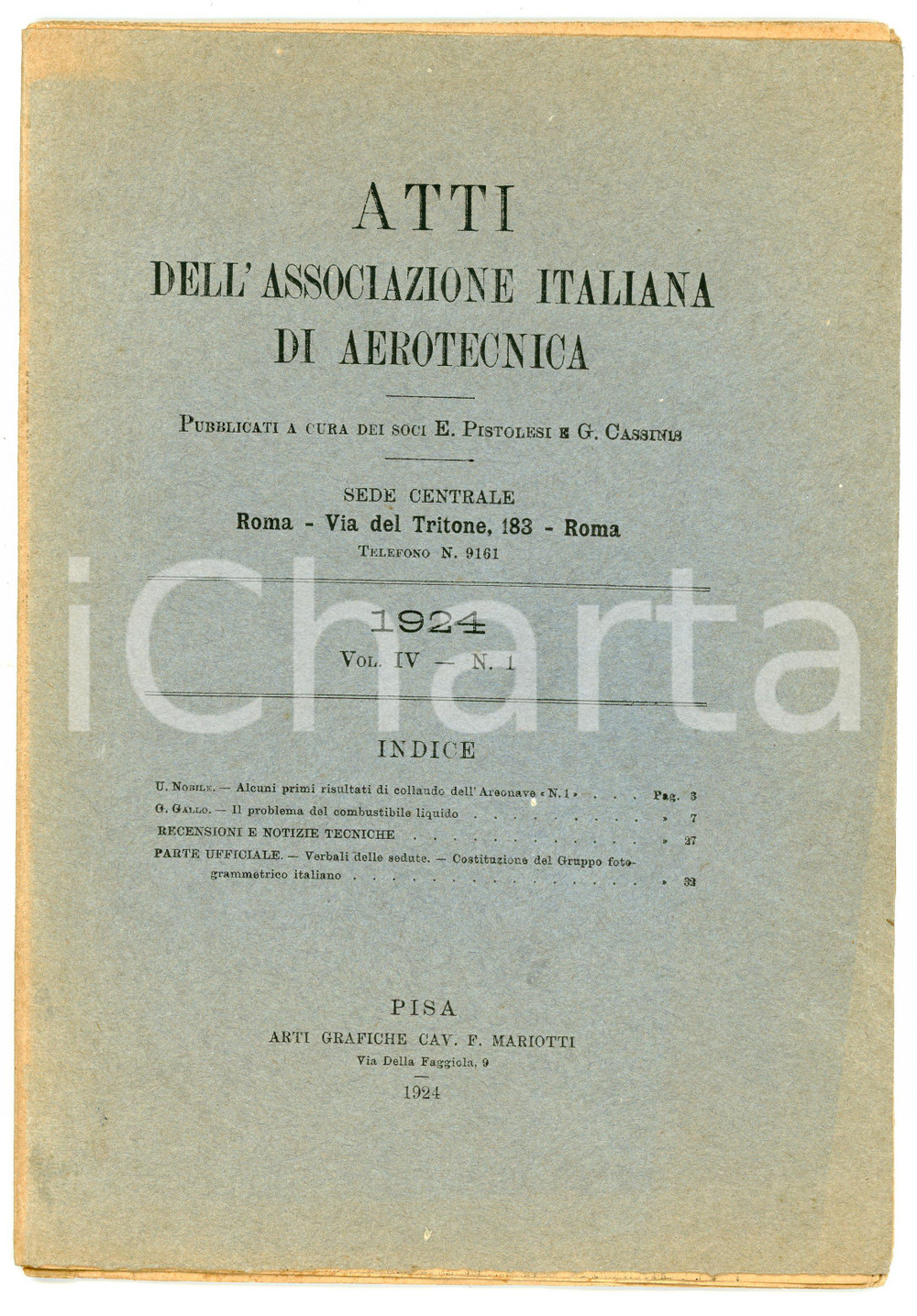 Libro, pubblicazione d epoca 1924 Ass. AEROTECNICA Umberto NOBILE Collaudo dirigibile n.1  Atti Vol. IV n. 1 1