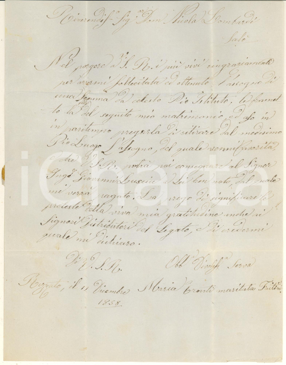 Manoscritto, lettera originale 1858 REZZATO BS Maria TRENTI beneficata e maritata FAITINI Prefilatelica 1